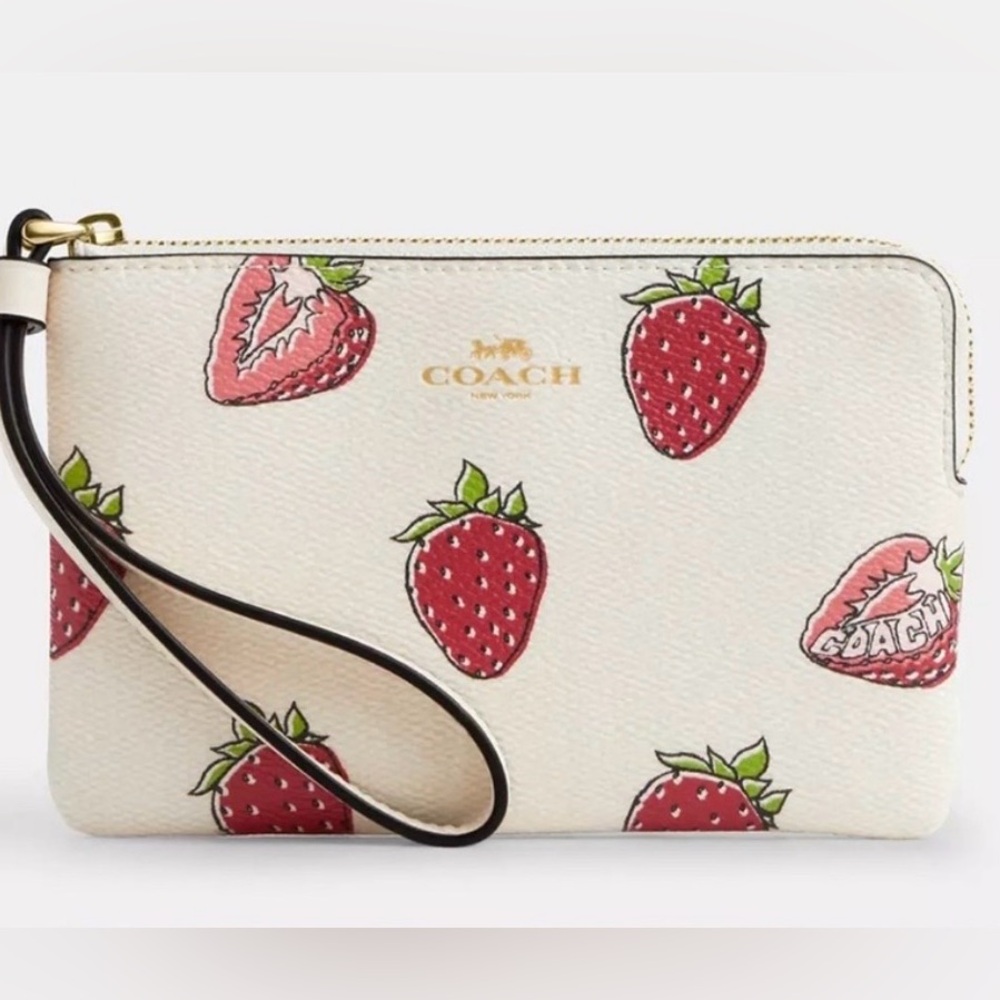 Coach Corner Zip Wristlet With Strawberry Print 🍓 $88 Retail NWT